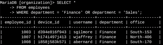 A screenshot of an SQL query to filter for employee machines from employees in the Finance or Sales departments.